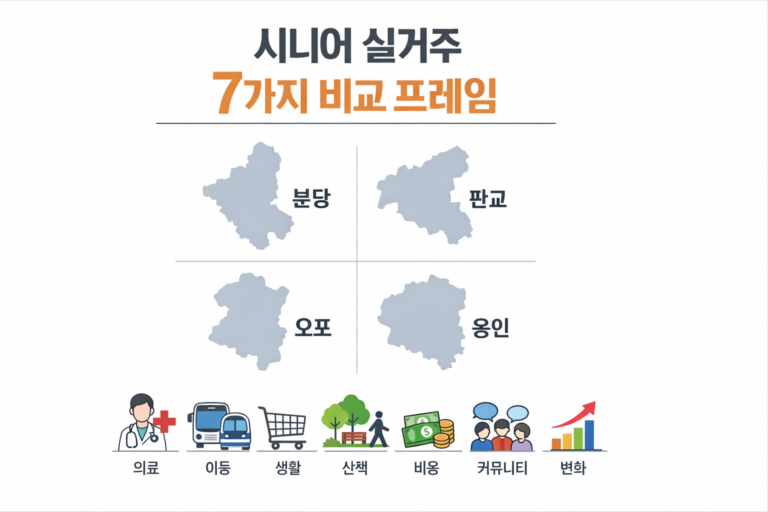 분당 판교 오포 용인을 시니어 실거주 기준으로 비교하는 7프레임 요약 이미지