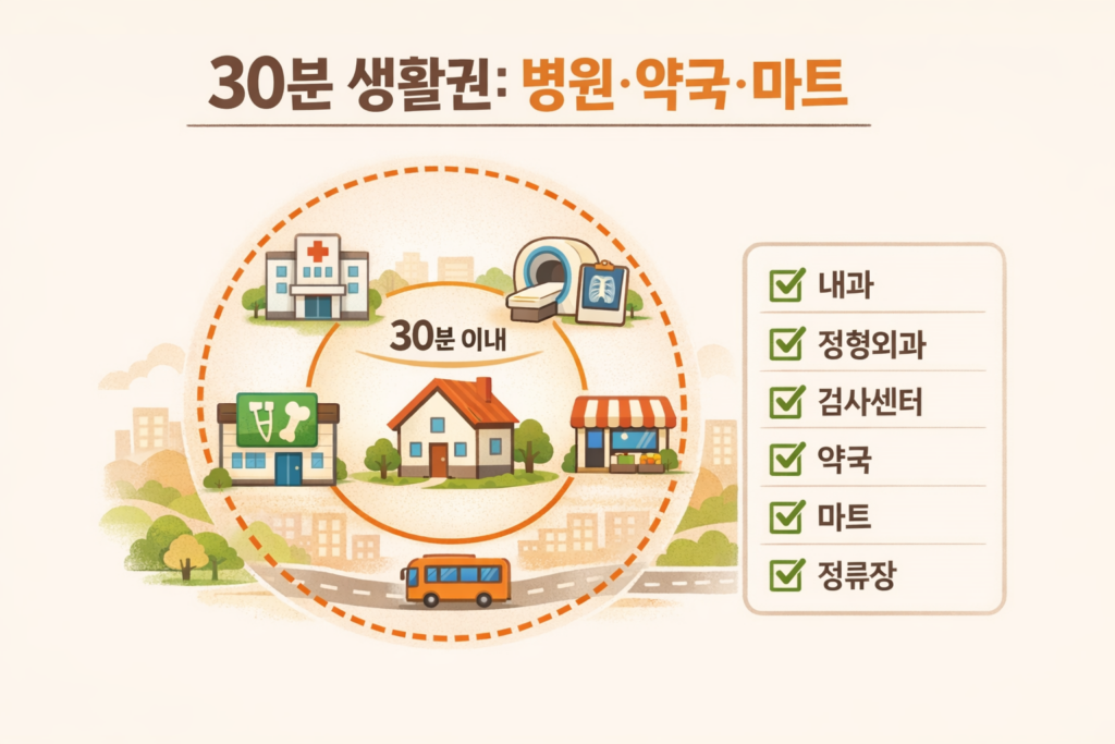 분당-판교-오포-용인-시니어-실거주 집 기준 30분 생활권으로 병원 약국 마트 정류장을 점검하는 인포그래픽