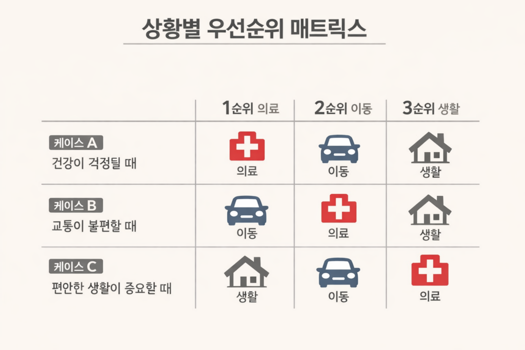분당-판교-오포-용인-시니어-실거주 부모님 주거 고민 상황별로 의료 이동 생활 우선순위를 정리한 매트릭스 인포그래픽
