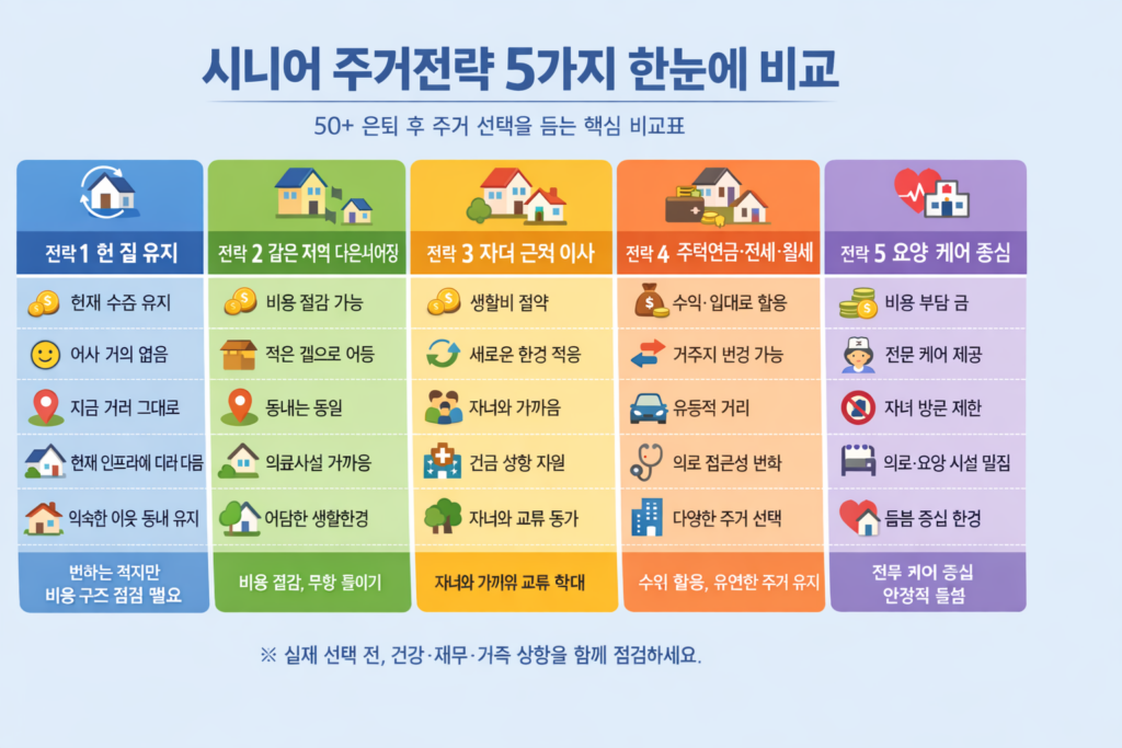 시니어 주거전략 5가지를 한눈에 비교한 가로형 인포그래픽. 현 집 유지, 같은 지역 다운사이징, 자녀 근처 이사, 주택연금·전세·월세, 요양·케어 중심 전략을 주거비 부담, 이사 스트레스, 가족 거리, 의료 접근성, 커뮤니티 기준으로 파스텔 컬러 표 형태로 정리한 이미지.
