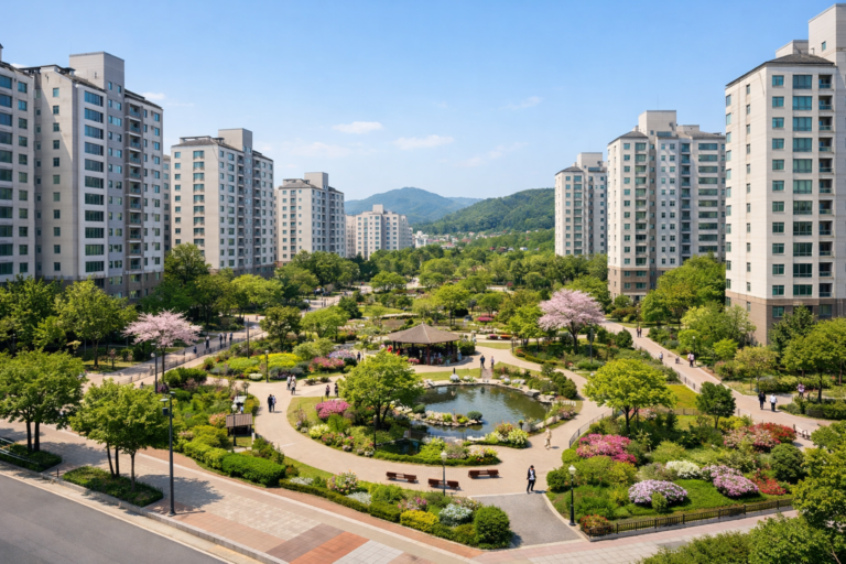재건축 뉴스 보는법: 시니어 실거주자가 휘둘리지 않는 7가지 기준분당 신도시 느낌의 아파트 단지 전경과 공원, 산책로가 보이는 사진