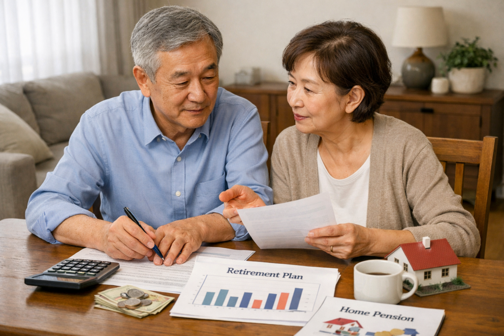거실 식탁에서 노후 자금과 주택연금 전략을 함께 고민하는 시니어 부부