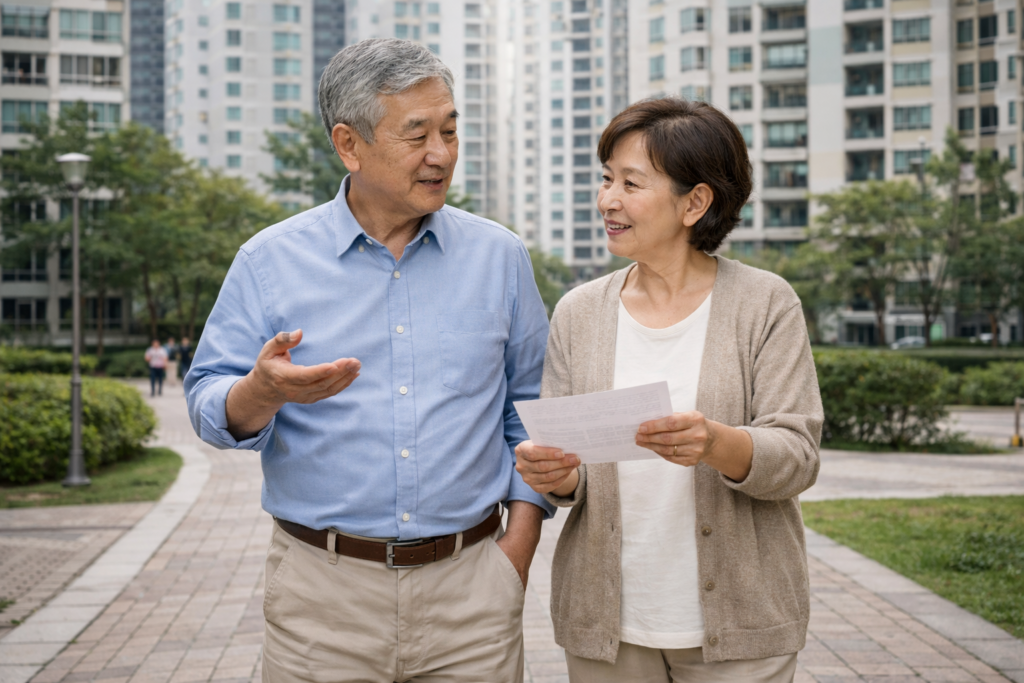아파트 단지를 배경으로 산책하며 노후 주거 전략을 이야기하는 시니어 부부