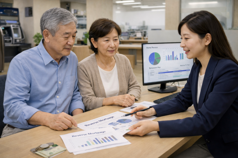 시니어 주택연금 전략을 은행창구에서 의논하는부부