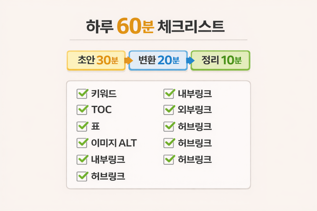 블로그 수익화 루틴 하루 60분 체크리스트 인포그래픽