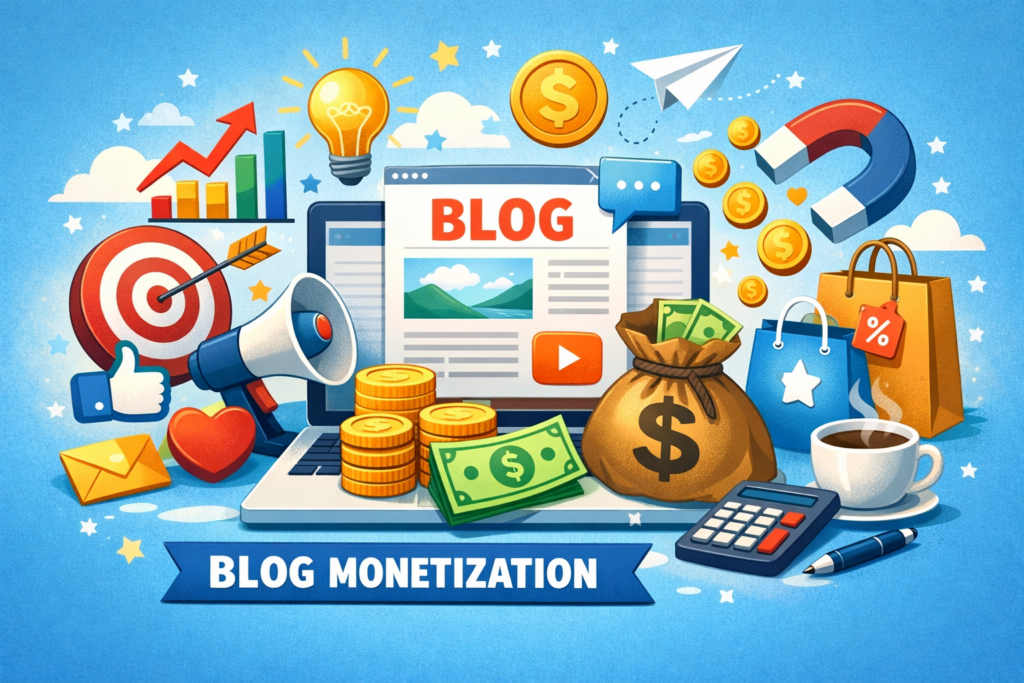 블로그 수익화를 주제로 한 일러스트 이미지로, 노트북 화면에 ‘BLOG’가 표시되어 있고 동전, 돈가방, 상승 그래프, 자석, 쇼핑백, 타깃 아이콘 등이 배치되어 온라인 블로그를 통한 광고 수익과 수익 모델을 시각적으로 표현한 그림
