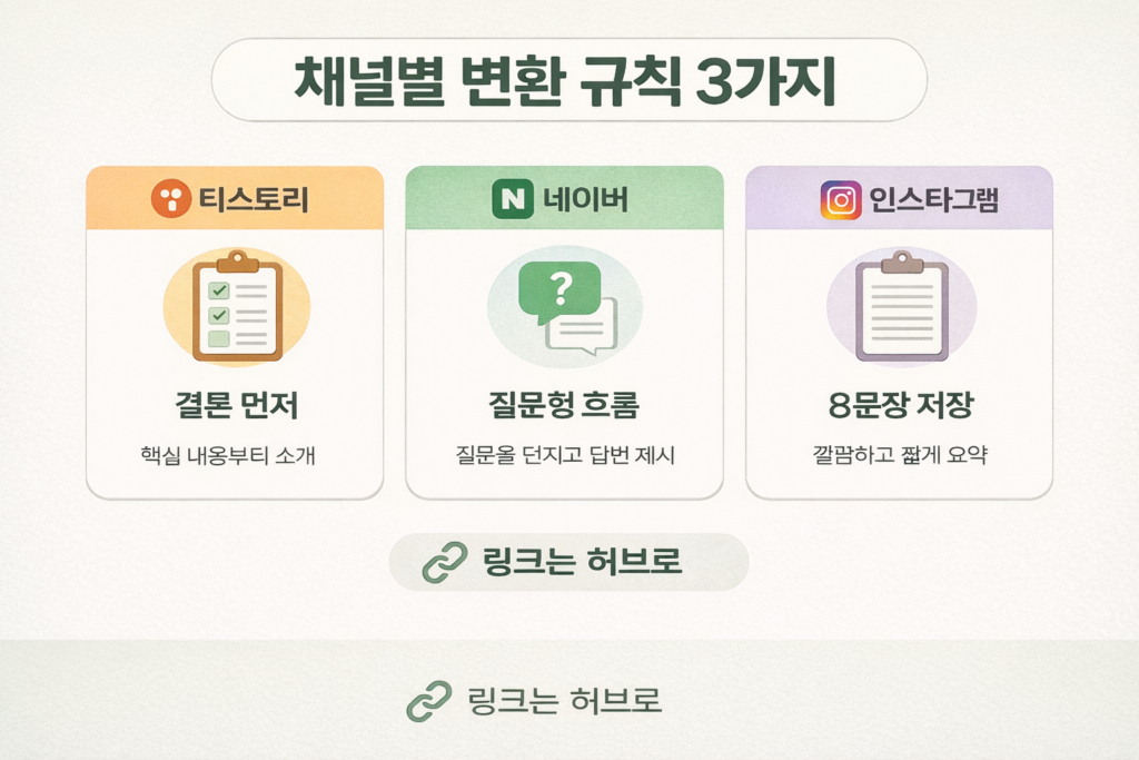 블로그 수익화 루틴 채널별 변환 규칙(티스토리·네이버·인스타) 요약 인포그래픽