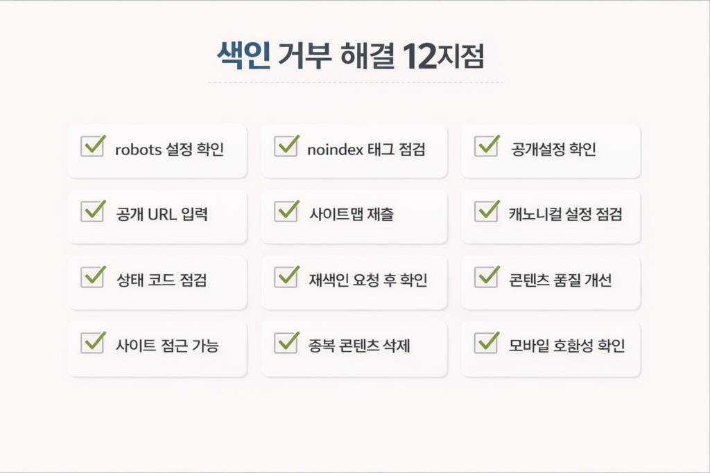 색인 거부 해결을 위한 12지점 체크리스트 인포그래픽