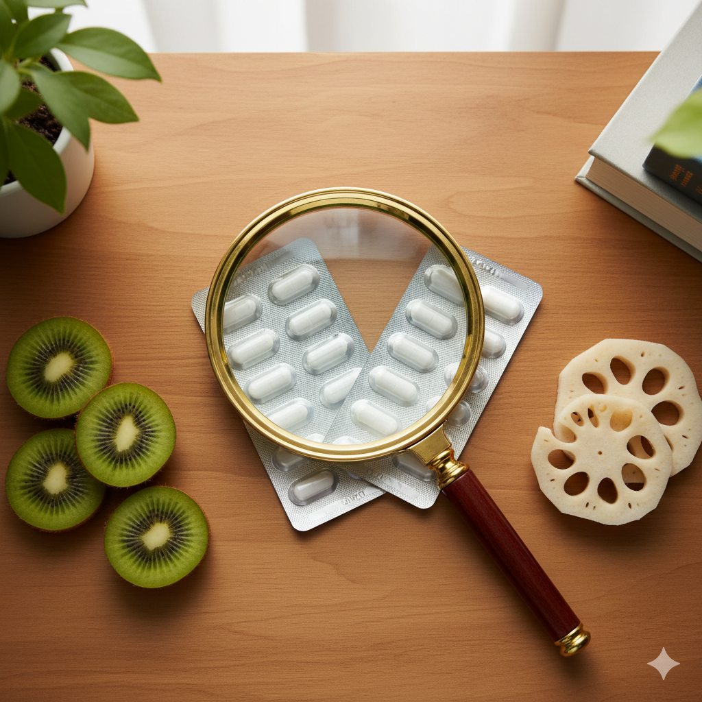 잇몸약 성분 비교를 위한 돋보기와 비타민C가 풍부한 키위, 지혈에 좋은 연근이 놓인 책상 풍경