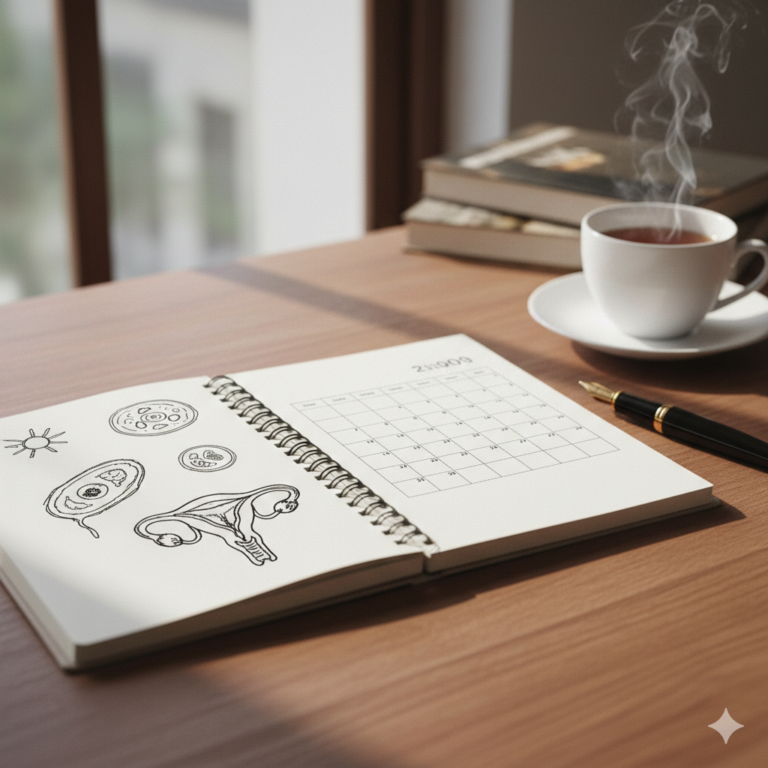 木の机の上に広げられた清潔な講義ノートと万年筆、そして温かいお茶が置かれている静かな風景。ノートには生物学的な受精や妊娠280日の計算方法を説明するような簡単な図式とカレンダーが描かれており、専門家の研究記録のような雰囲気を与えている。