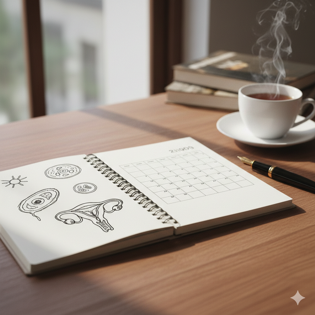 木の机の上に広げられた清潔な講義ノートと万年筆、そして温かいお茶が置かれている静かな風景。ノートには生物学的な受精や妊娠280日の計算方法を説明するような簡単な図式とカレンダーが描かれており、専門家の研究記録のような雰囲気を与えている。
