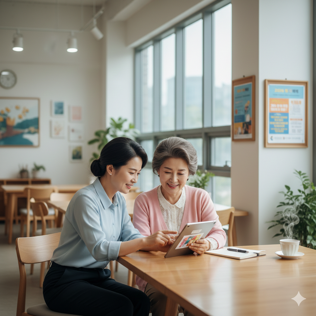 2026년 시니어 복지 혜택 및 달라지는 정책에 대해 상담하는 한국 어르신 부부와 사회복지사