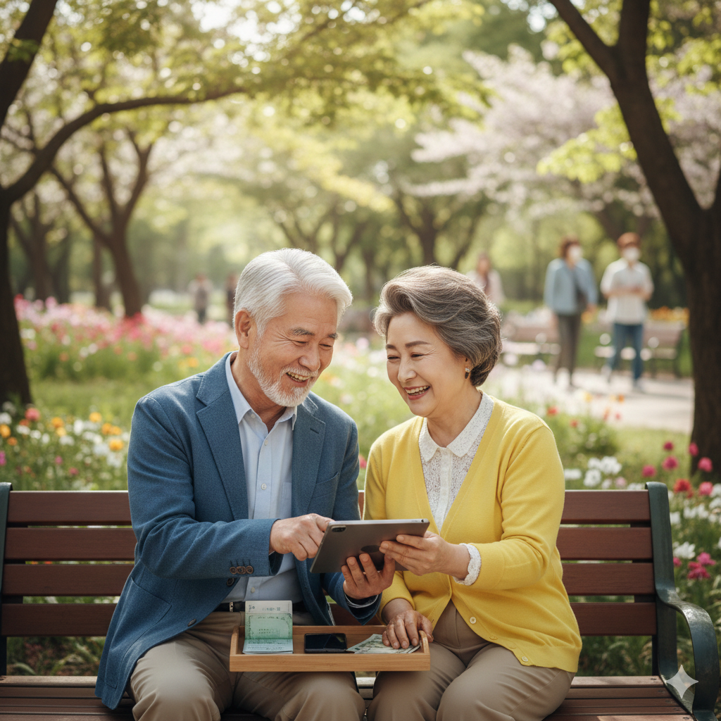 2026년 기초연금 40만원 외 시니어 실제 수령액 총정리를 확인하며 기뻐하는 한국 어르신 부부